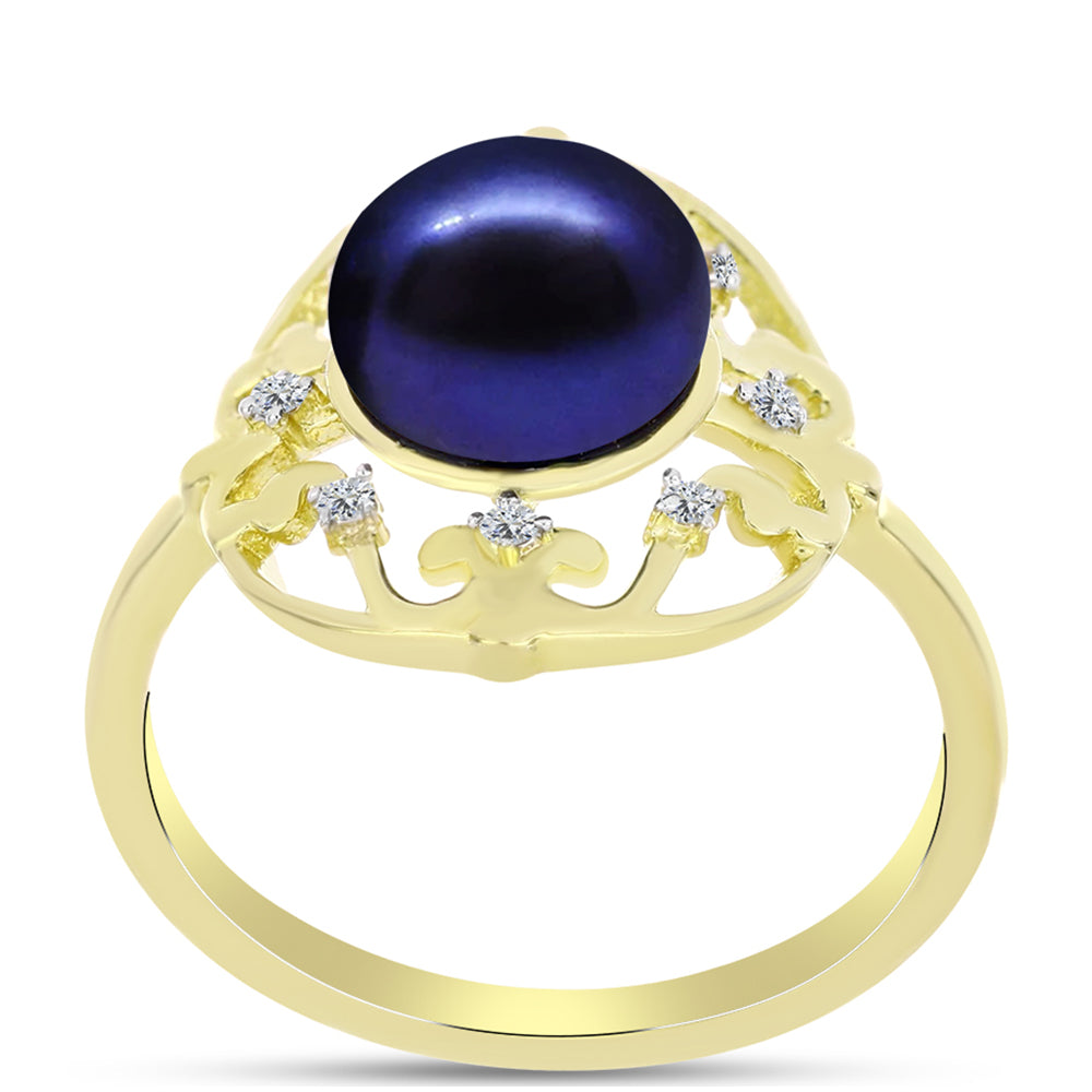 Inel din Argint 925 Placat cu Aur ( 2.98 grame ) cu Perlă de Cultură Neagră și Topaz Alb 3.84 Carate