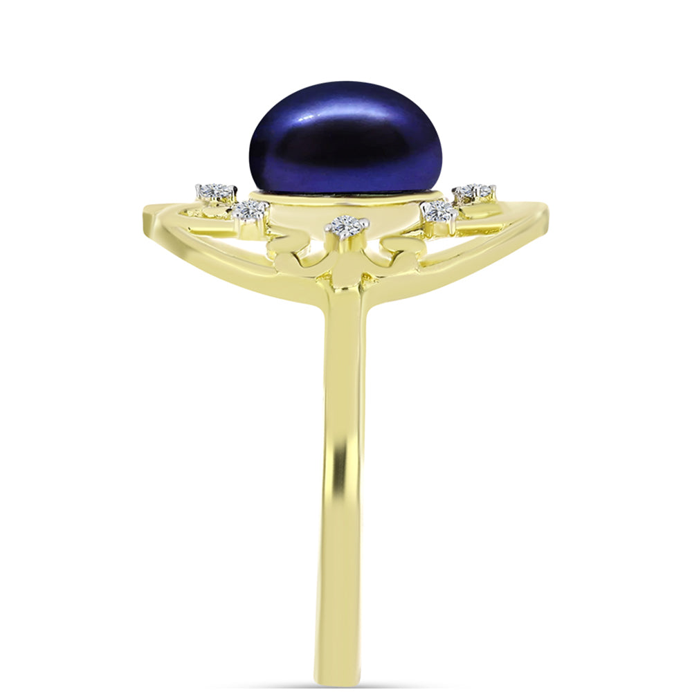 Inel din Argint 925 Placat cu Aur ( 2.98 grame ) cu Perlă de Cultură Neagră și Topaz Alb 3.84 Carate 4 