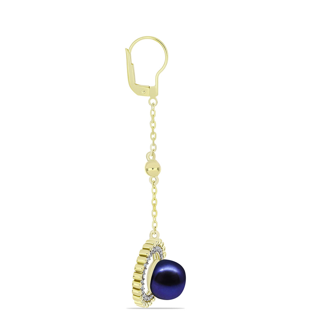 Cercei din Argint 925 Placat cu Aur ( 5.6 grame ) cu Perlă de Cultură Neagră și Topaz Alb 9.03 Carate