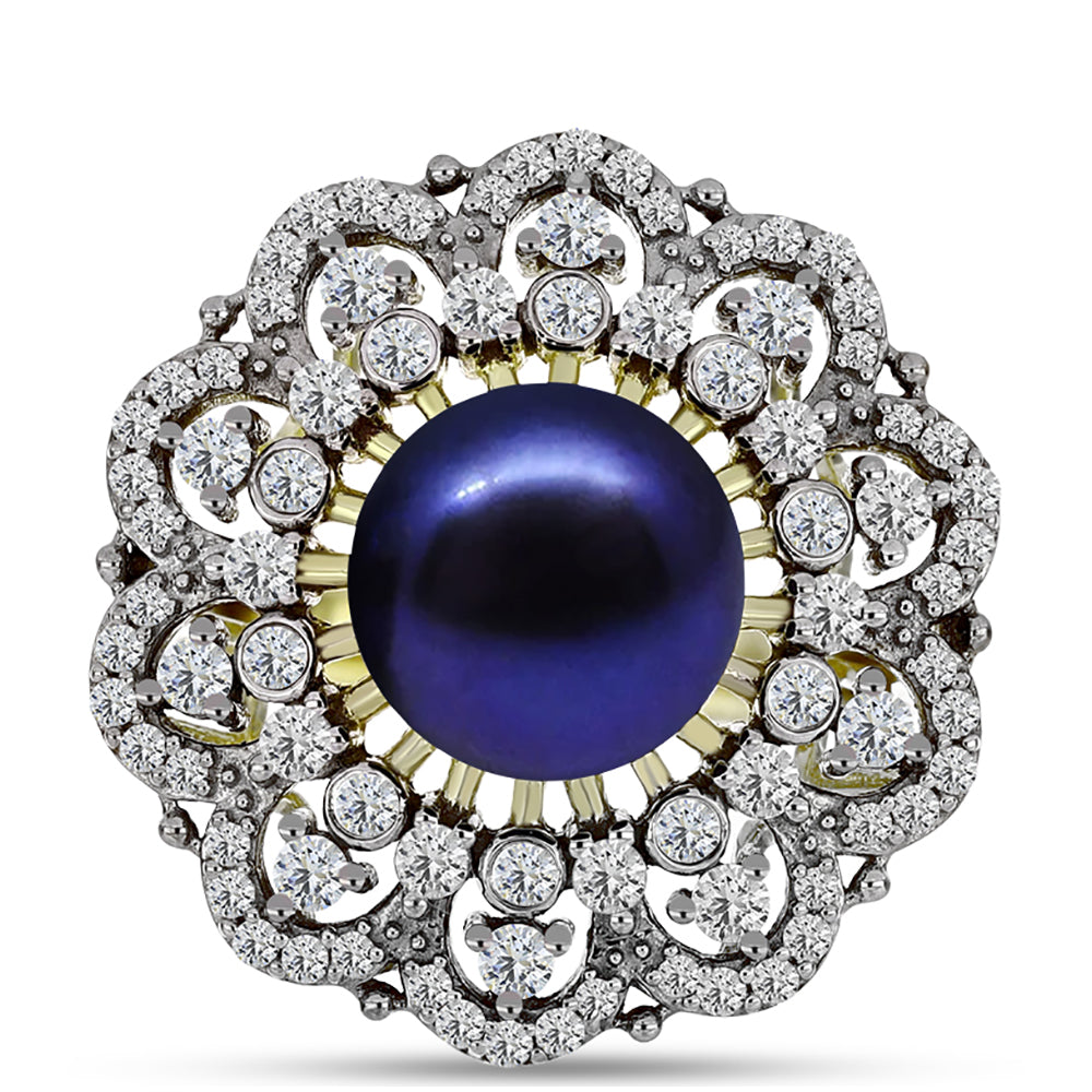 Inel din Argint 925 Placat cu Aur ( 5.41 grame ) cu Perlă de Cultură Neagră și Topaz Alb 5.19 Carate 1 