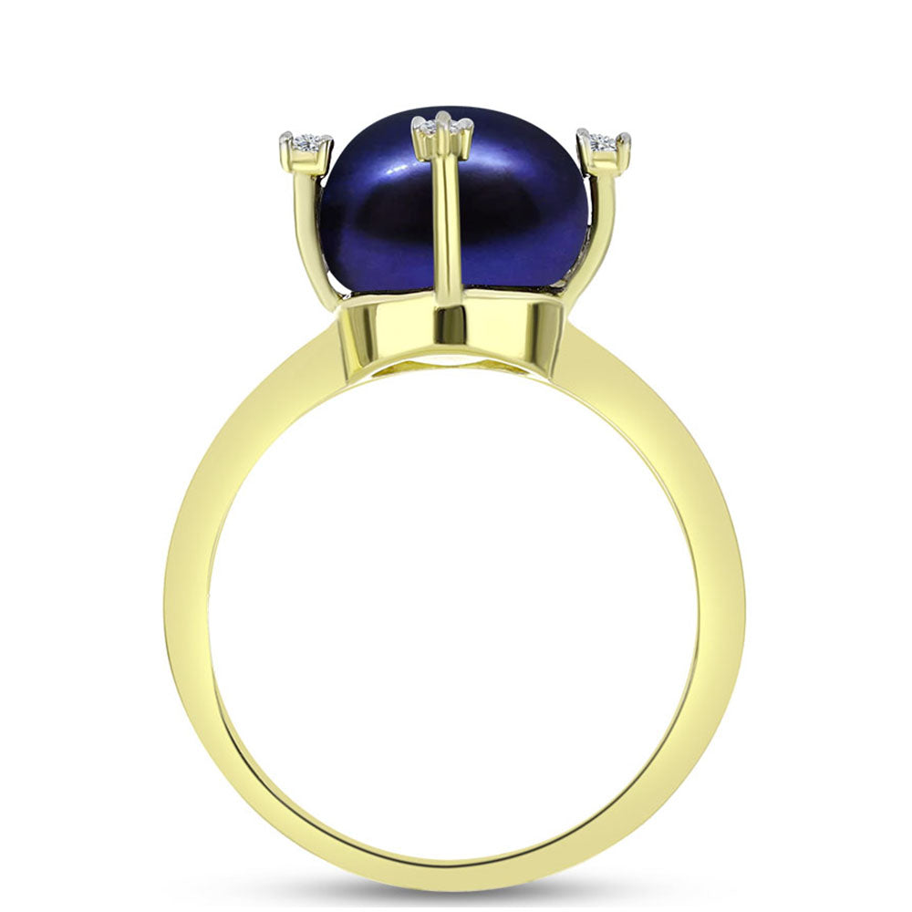 Inel din Argint 925 Placat cu Aur ( 2.83 grame ) cu Perlă de Cultură Neagră și Topaz Alb 5.13 Carate