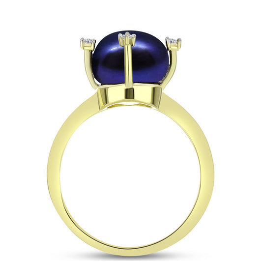 Inel din Argint 925 Placat cu Aur ( 2.83 grame ) cu Perlă de Cultură Neagră și Topaz Alb 5.13 Carate