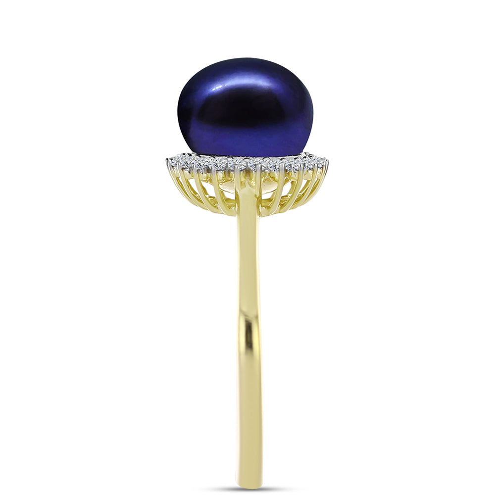 Inel din Argint 925 Placat cu Aur ( 2.31 grame ) cu Perlă de Cultură Neagră și Topaz Alb 4.37 Carate 4 