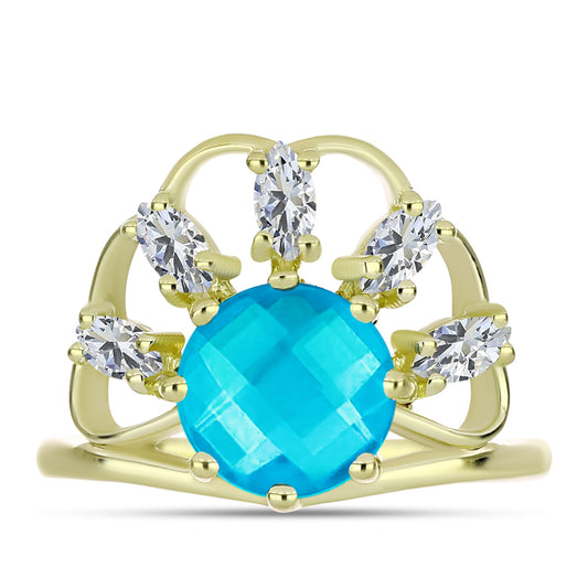 Inel din Argint 925 Placat cu Aur ( 3.56 grame ) cu Jad albastru și Topaz Alb 3.09 Carate