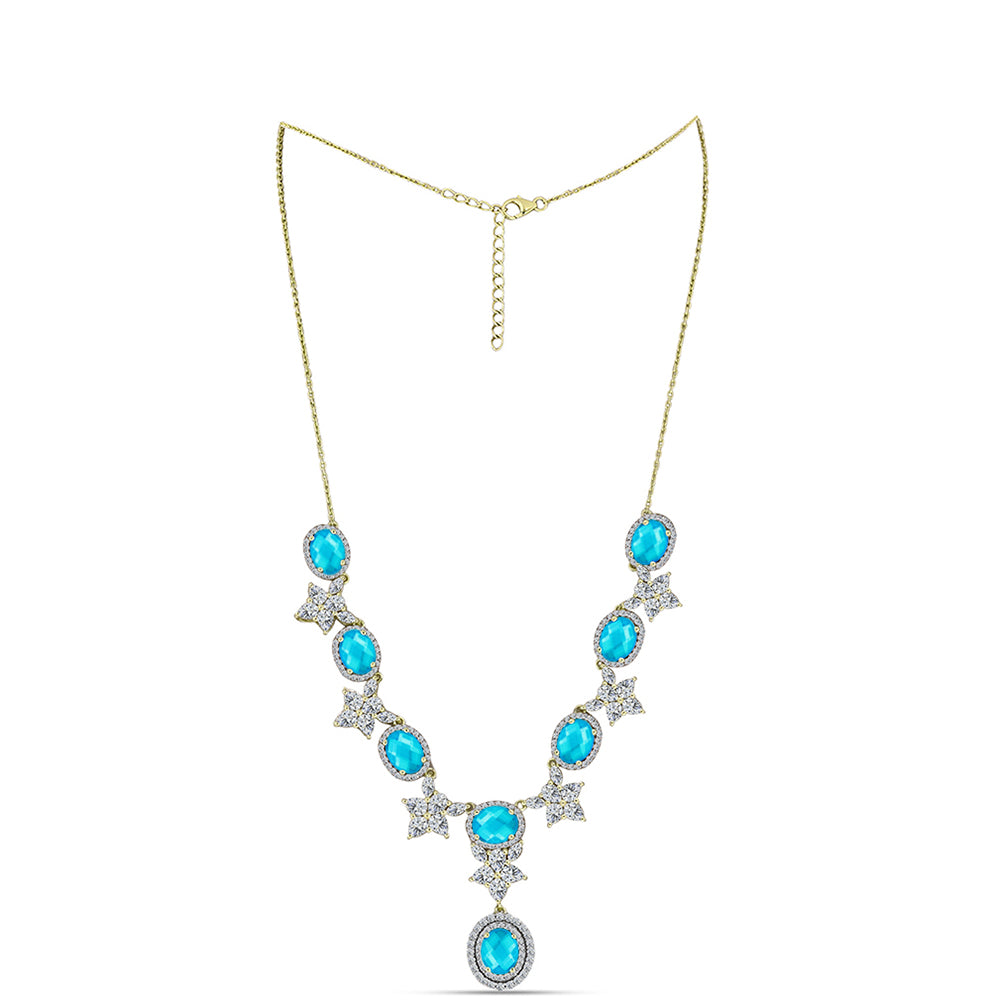 Colier din Argint 925 Placat cu Aur ( 12.9 grame ) cu Jad albastru și Topaz Alb 15.22 Carate