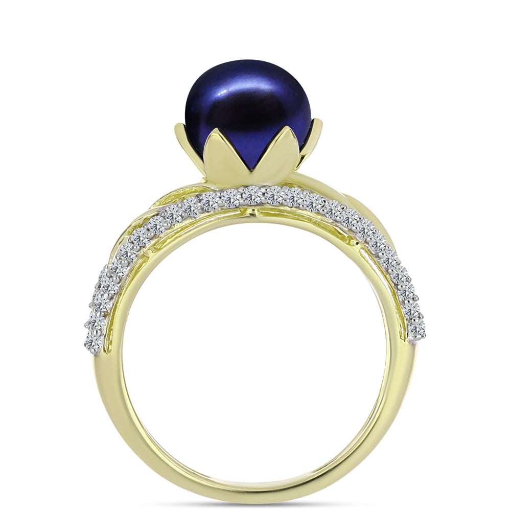Inel din Argint 925 Placat cu Aur ( 2.64 grame ) cu Perlă de Cultură Neagră și Topaz Alb 3.38 Carate