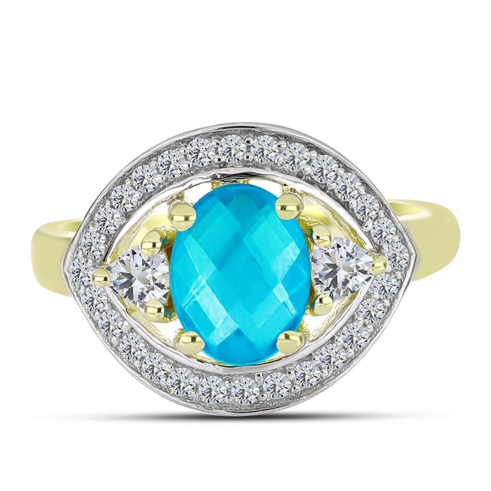 Inel din Argint 925 Placat cu Aur ( 2.63 grame ) cu Jad albastru și Topaz Alb 1.47 Carate