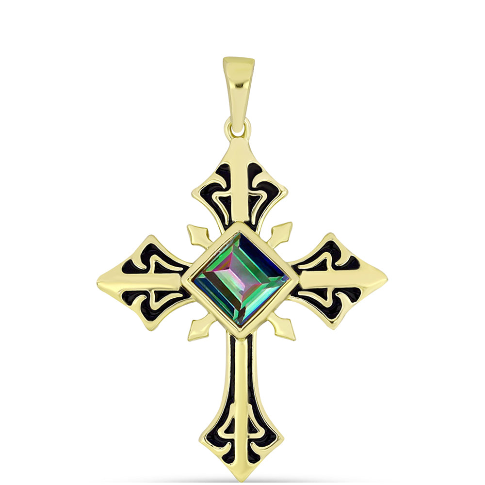 Cruce Pandantiv din Argint 925 Placat cu Aur ( 3.72 grame ) cu Cuarț Hematit Verde Mistic 0.93 Carate 1 