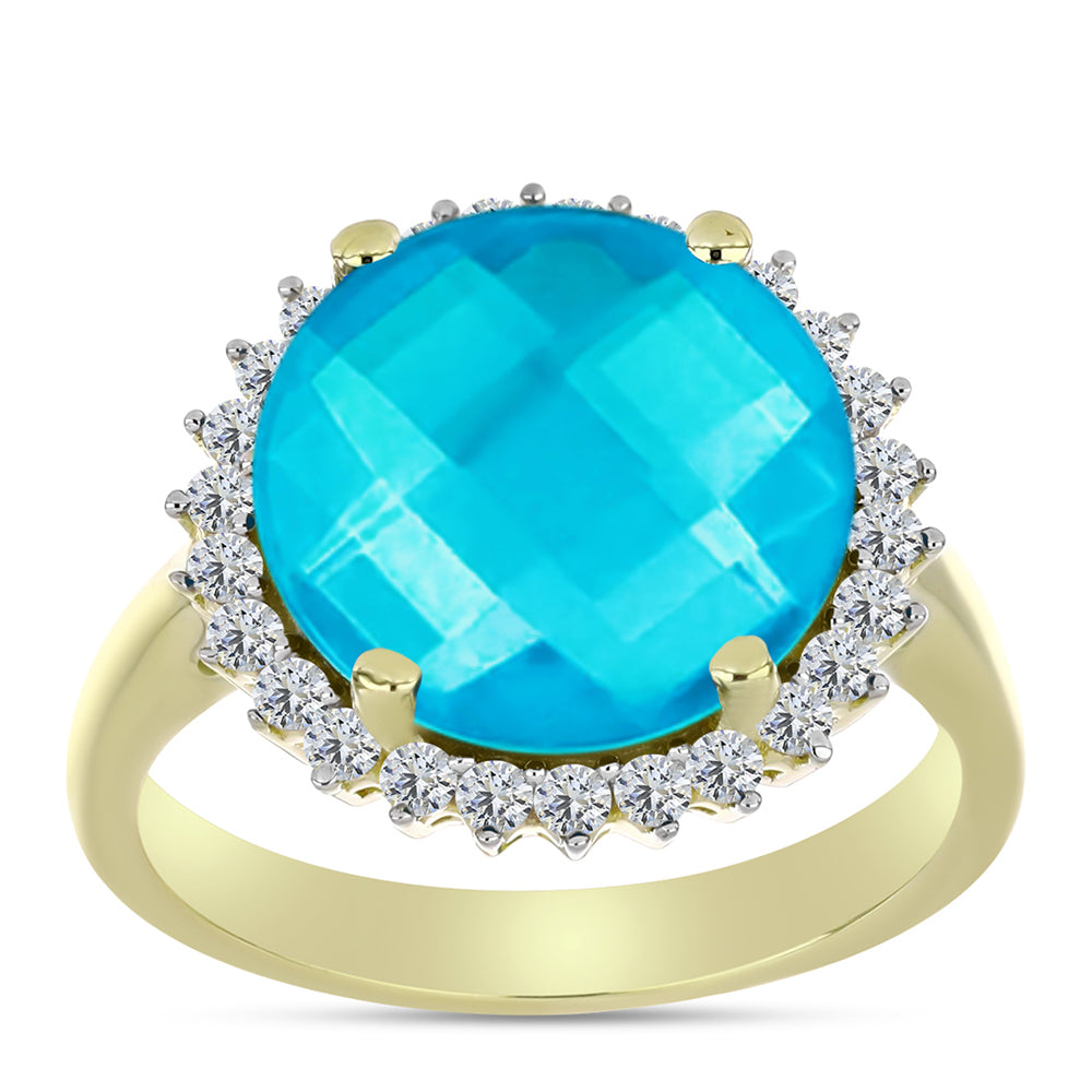 Inel din Argint 925 Placat cu Aur ( 3.23 grame ) cu Jad albastru și Topaz Alb 5.64 Carate