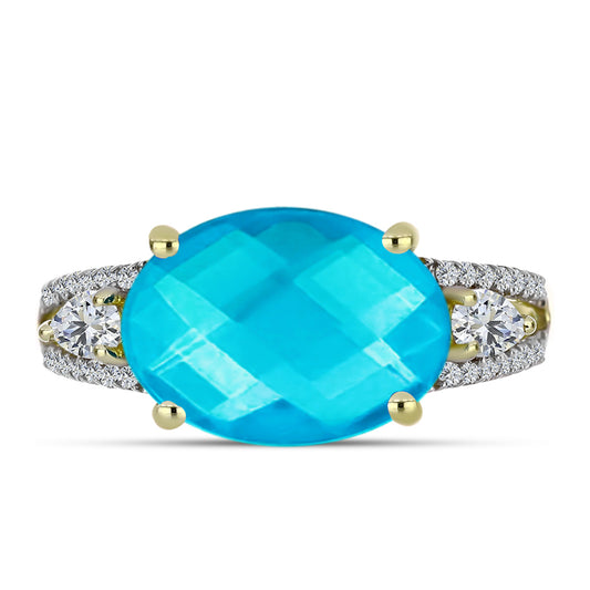 Inel din Argint 925 Placat cu Aur ( 2.88 grame ) cu Jad albastru și Topaz Alb 5 Carate