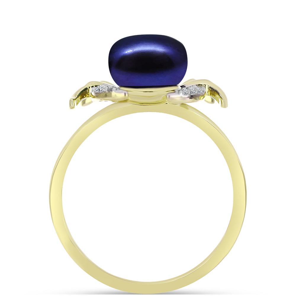 Inel din Argint 925 Placat cu Aur ( 3.44 grame ) cu Perlă de Cultură Neagră și Topaz Alb 3.67 Carate