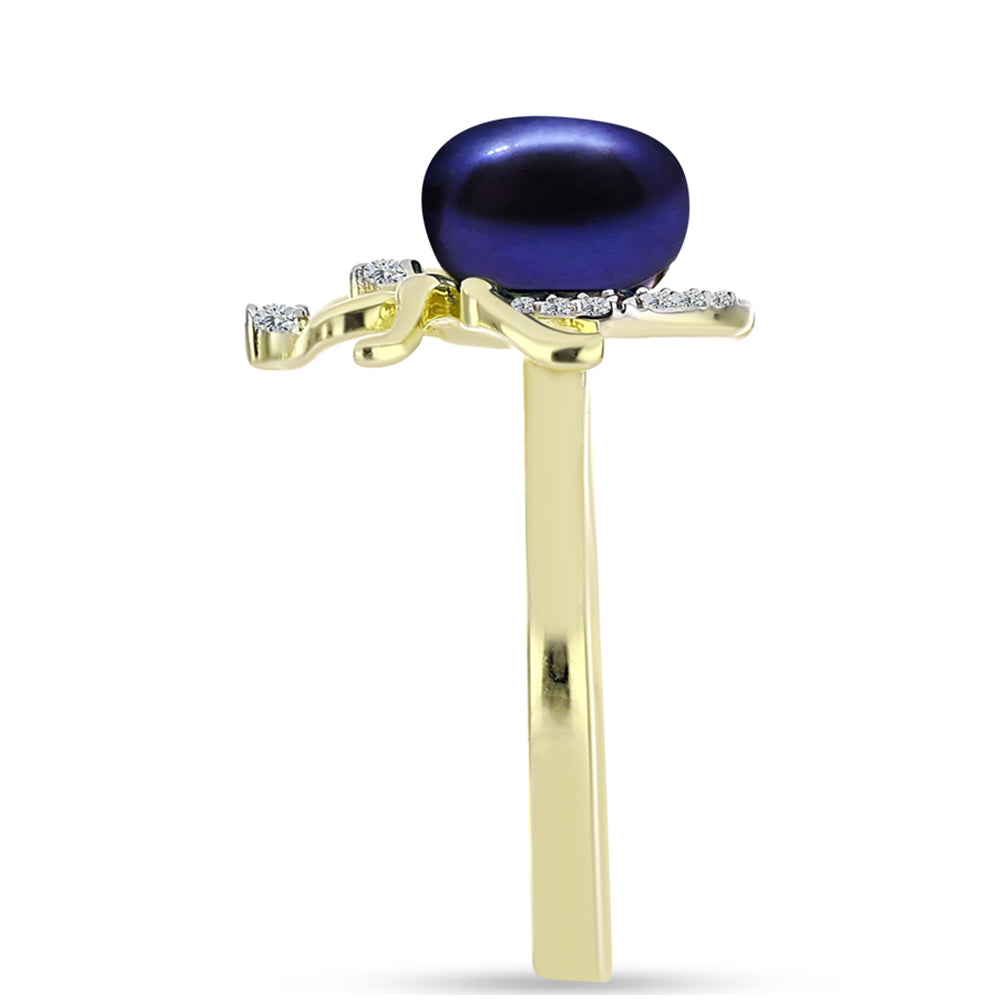 Inel din Argint 925 Placat cu Aur ( 3.44 grame ) cu Perlă de Cultură Neagră și Topaz Alb 3.67 Carate