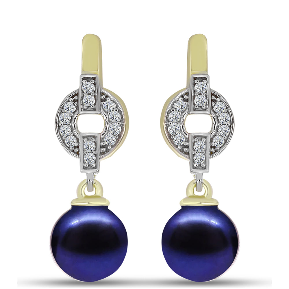 Cercei din Argint 925 Placat cu Aur ( 3 grame ) cu Perlă de Cultură Neagră și Topaz Alb 6.33 Carate