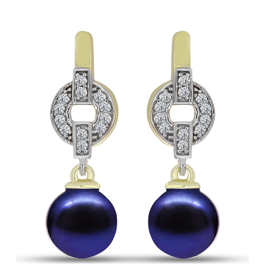 Cercei din Argint 925 Placat cu Aur ( 3 grame ) cu Perlă de Cultură Neagră și Topaz Alb 6.33 Carate