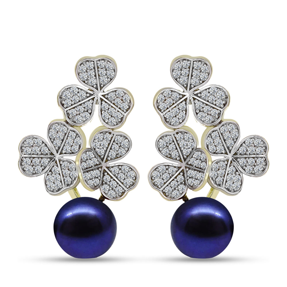 Cercei din Argint 925 Placat cu Aur ( 5.96 grame ) cu Perlă de Cultură Neagră și Topaz Alb 8.37 Carate