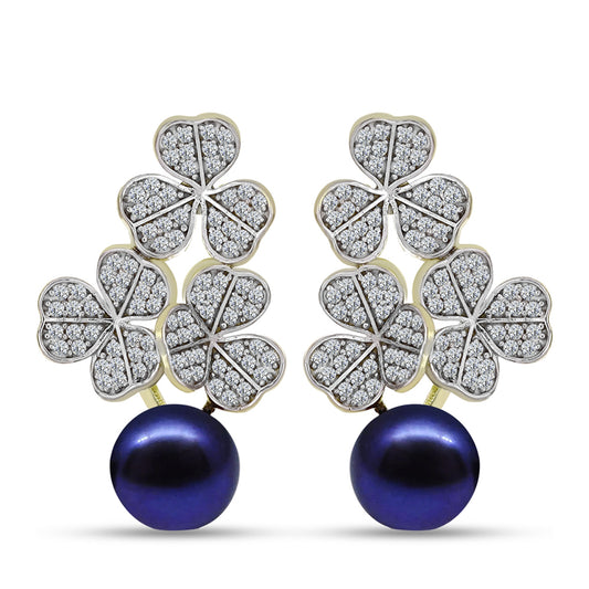 Cercei din Argint 925 Placat cu Aur ( 5.96 grame ) cu Perlă de Cultură Neagră și Topaz Alb 8.37 Carate