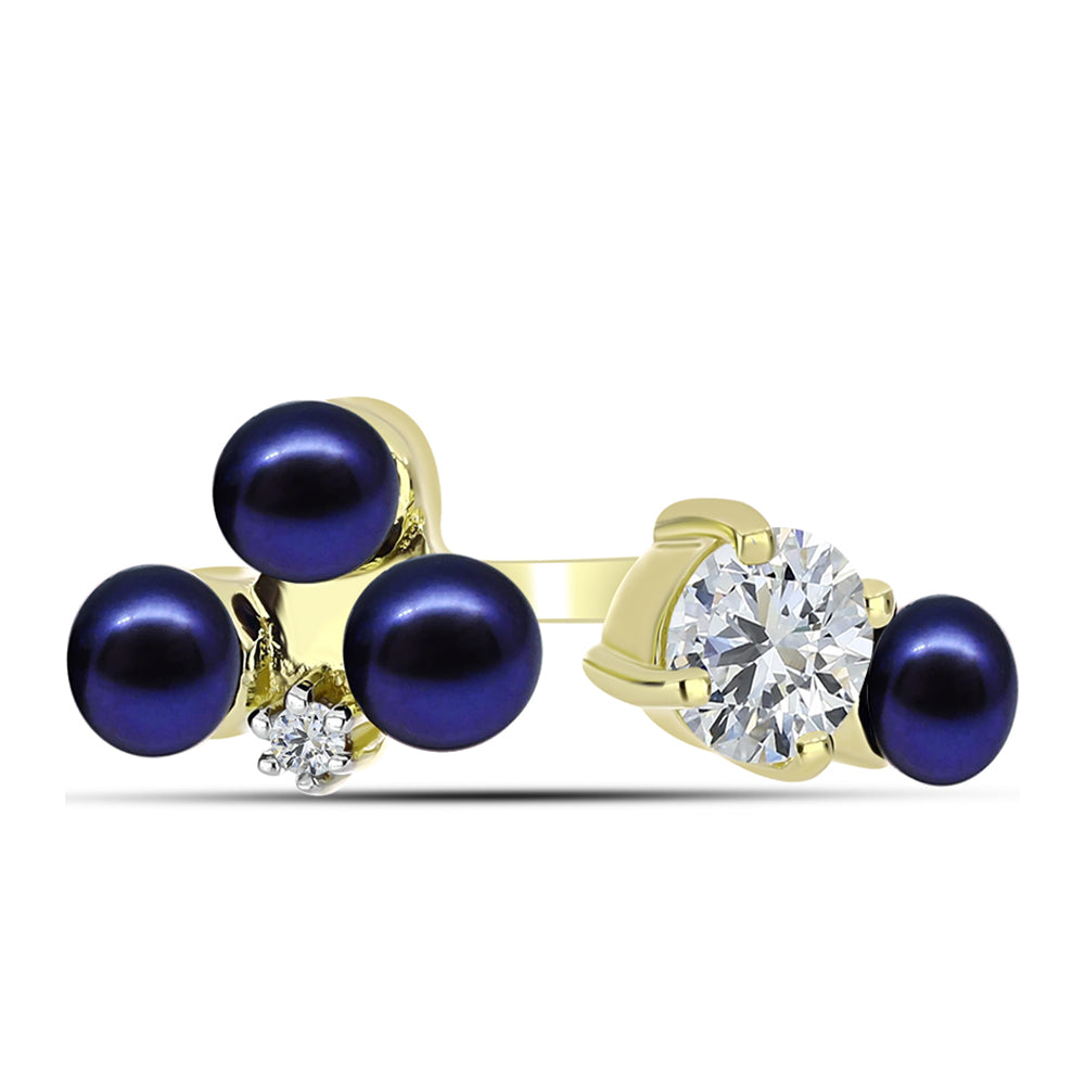 Inel din Argint 925 Placat cu Aur ( 2.79 grame ) cu Perlă de Cultură Neagră și Topaz Alb 3.4 Carate 1 