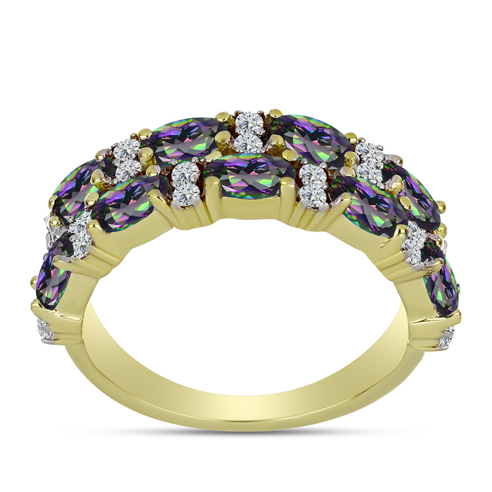 Inel din Argint 925 Placat cu Aur ( 3.27 grame ) cu Cuarț Hematit Verde Mistic și Topaz Alb 2.11 Carate