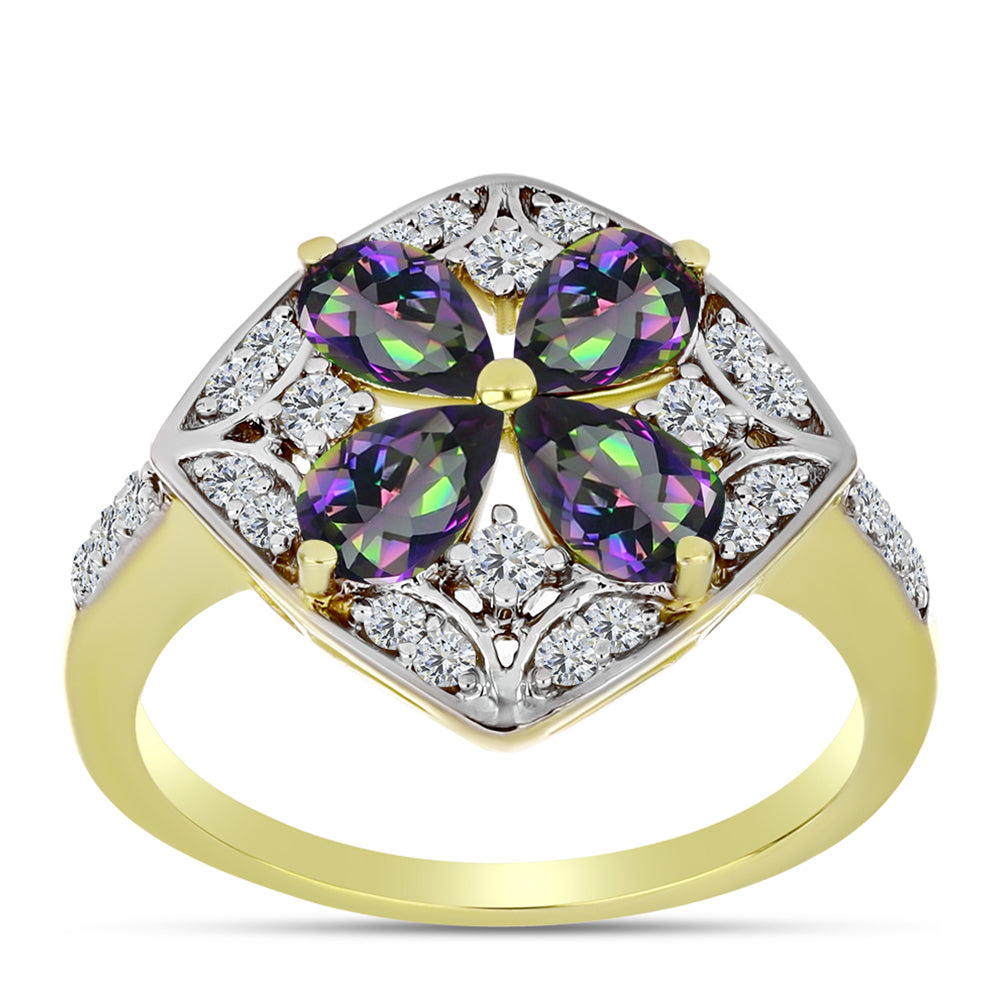 Inel din Argint 925 Placat cu Aur ( 3.79 grame ) cu Cuarț Hematit Verde Mistic și Topaz Alb 2.78 Carate
