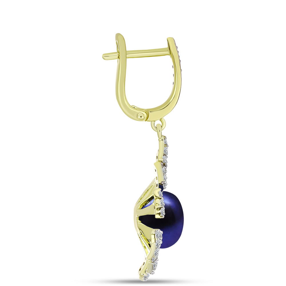 Cercei din Argint 925 Placat cu Aur ( 5.26 grame ) cu Perlă de Cultură Neagră și Topaz Alb 9.13 Carate