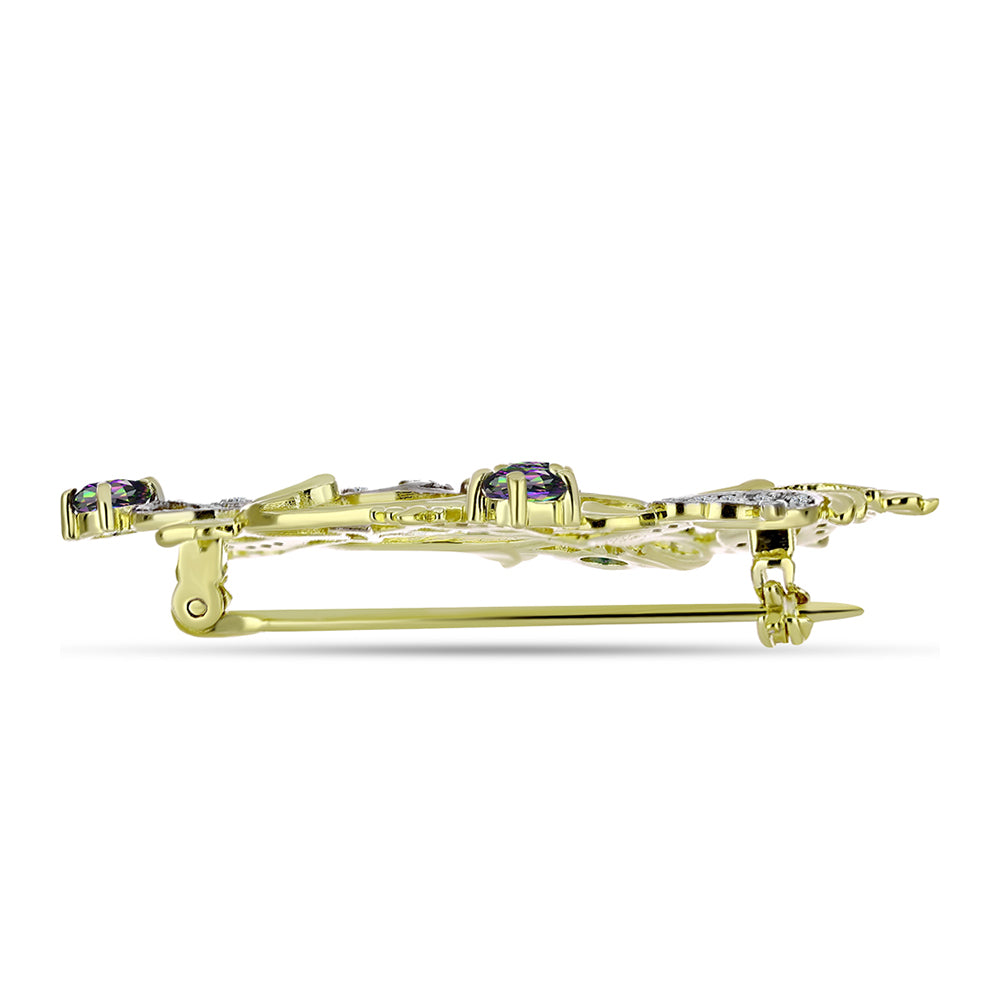 Broşă din Argint 925 Placat cu Aur ( 6.8 grame ) cu Cuarț Hematit Verde Mistic și Topaz Alb 1.73 Carate