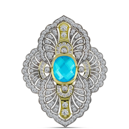Broşă din Argint 925 Placat cu Aur ( 8.93 grame ) cu Jad albastru și Topaz Alb 8.46 Carate