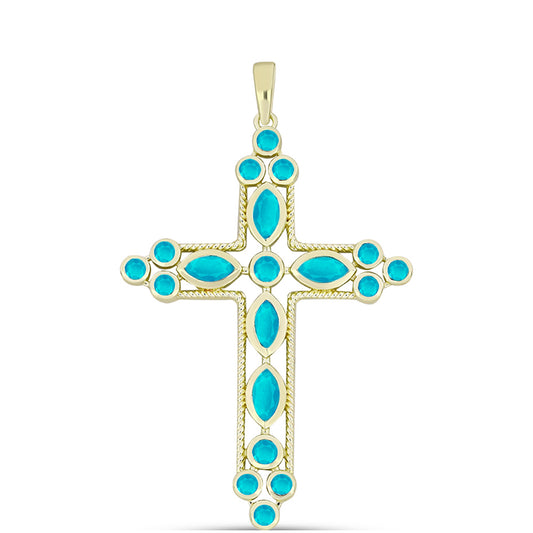 Cruce Pandantiv din Argint 925 Placat cu Aur ( 5.71 grame ) cu Jad albastru 2.17 Carate