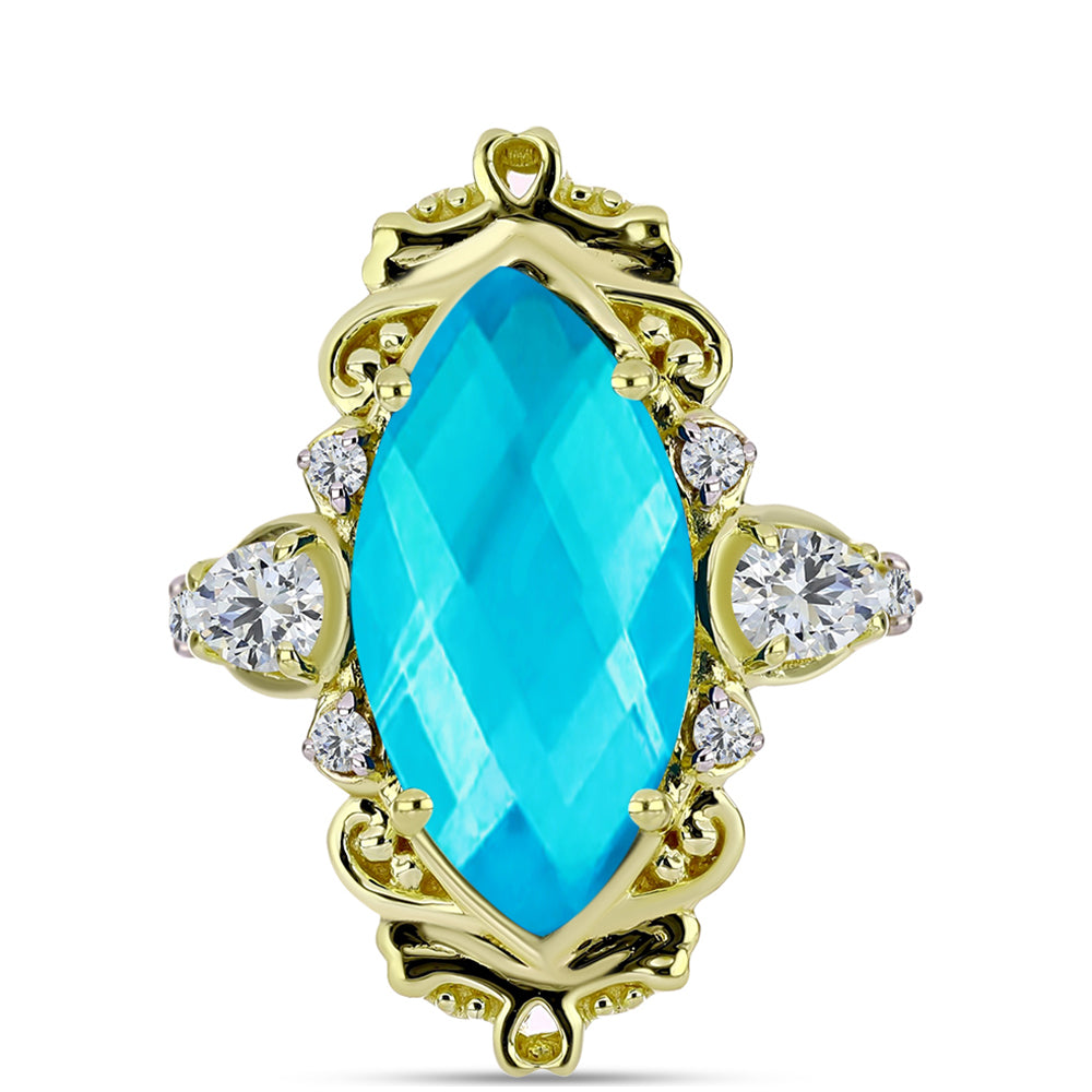 Inel din Argint 925 Placat cu Aur ( 4.7 grame ) cu Jad albastru și Topaz Alb 7.23 Carate 1 