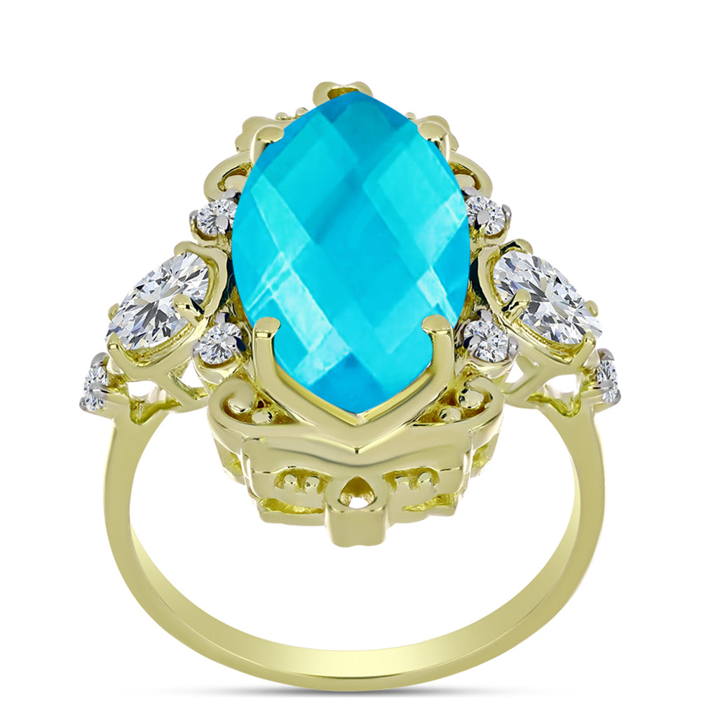 Inel din Argint 925 Placat cu Aur ( 4.7 grame ) cu Jad albastru și Topaz Alb 7.23 Carate