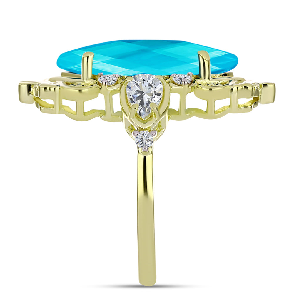 Inel din Argint 925 Placat cu Aur ( 4.7 grame ) cu Jad albastru și Topaz Alb 7.23 Carate 4 