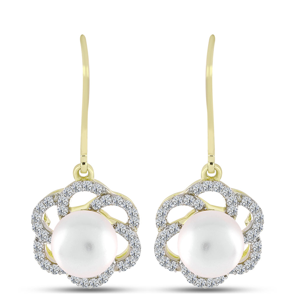 Cercei din Argint 925 Placat cu Aur ( 3.38 grame ) cu Perlă de Apă Dulce Albă și Topaz Alb 6.39 Carate