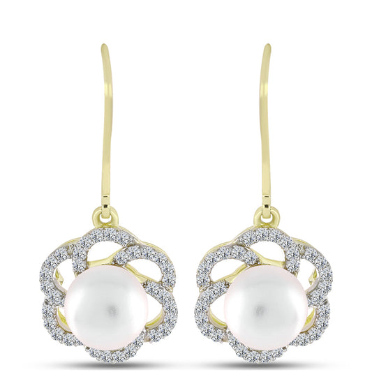 Cercei din Argint 925 Placat cu Aur ( 3.38 grame ) cu Perlă de Apă Dulce Albă și Topaz Alb 6.39 Carate