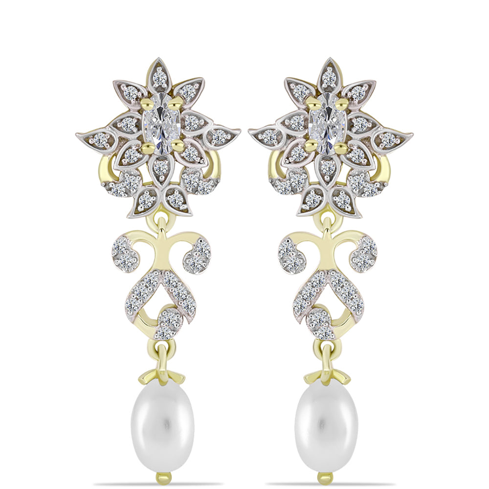 Cercei din Argint 925 Placat cu Aur ( 4.39 grame ) cu Perlă de Apă Dulce Albă și Topaz Alb 3.77 Carate