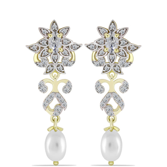 Cercei din Argint 925 Placat cu Aur ( 4.39 grame ) cu Perlă de Apă Dulce Albă și Topaz Alb 3.77 Carate