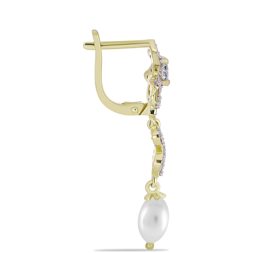Cercei din Argint 925 Placat cu Aur ( 4.39 grame ) cu Perlă de Apă Dulce Albă și Topaz Alb 3.77 Carate 2 