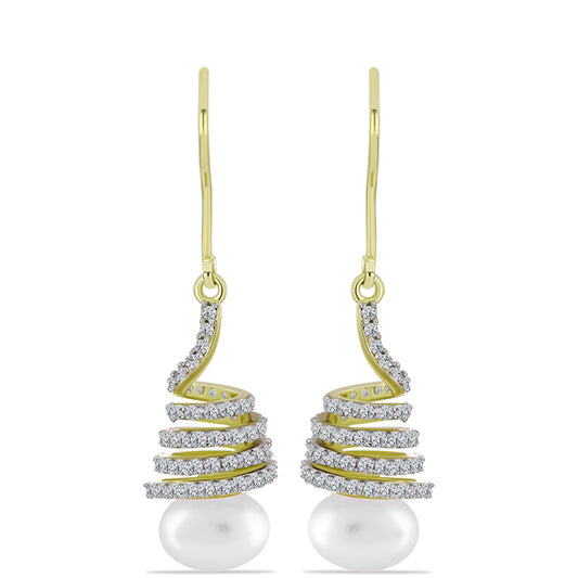 Cercei din Argint 925 Placat cu Aur ( 3.75 grame ) cu Perlă de Apă Dulce Albă și Topaz Alb 6.82 Carate