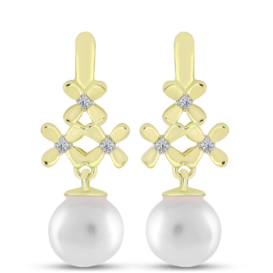 Cercei din Argint 925 Placat cu Aur ( 2.96 grame ) cu Perlă de Apă Dulce Albă și Topaz Alb 6.57 Carate