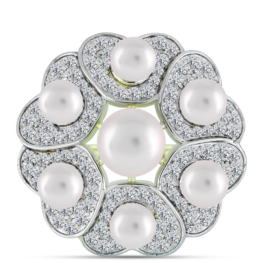 Inel din Argint 925 Placat cu Aur ( 6.53 grame ) cu Perlă de Apă Dulce Albă și Topaz Alb 9.25 Carate 1 