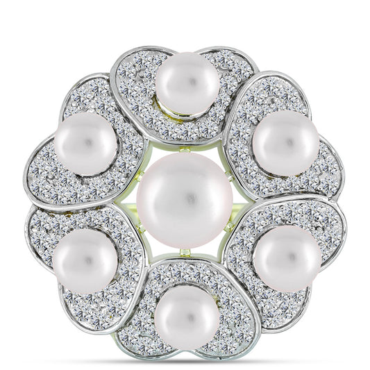 Inel din Argint 925 Placat cu Aur ( 6.53 grame ) cu Perlă de Apă Dulce Albă și Topaz Alb 9.25 Carate