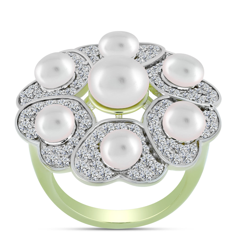 Inel din Argint 925 Placat cu Aur ( 6.53 grame ) cu Perlă de Apă Dulce Albă și Topaz Alb 9.25 Carate
