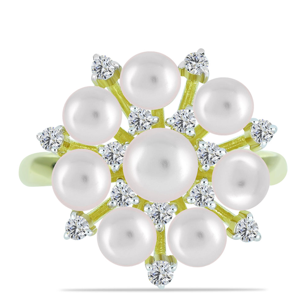 Inel din Argint 925 Placat cu Aur ( 3.66 grame ) cu Perlă de Apă Dulce Albă și Topaz Alb 5.46 Carate 1 