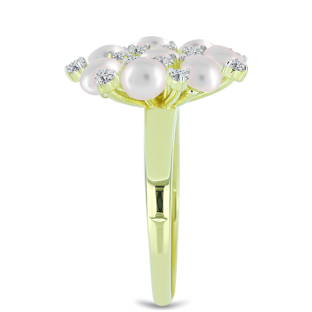 Inel din Argint 925 Placat cu Aur ( 3.66 grame ) cu Perlă de Apă Dulce Albă și Topaz Alb 5.46 Carate