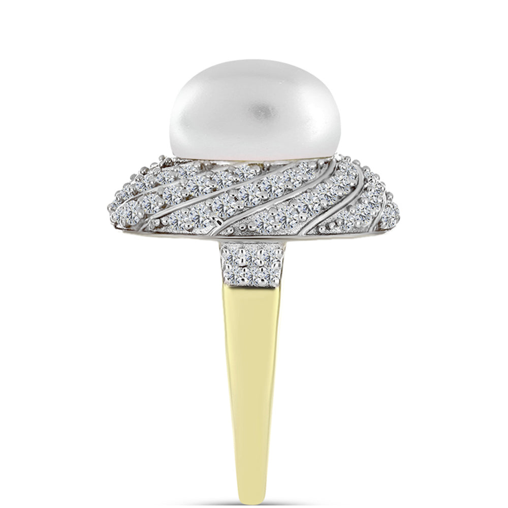 Inel din Argint 925 Placat cu Aur ( 5.71 grame ) cu Perlă de Apă Dulce Albă și Topaz Alb 11.61 Carate