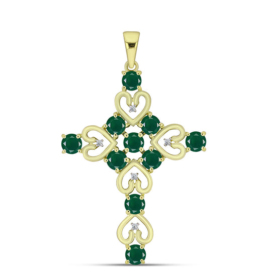 Cruce Pandantiv din Argint 925 Placat cu Aur ( 3.32 grame ) cu Agat Verde și Topaz Alb 2.27 Carate