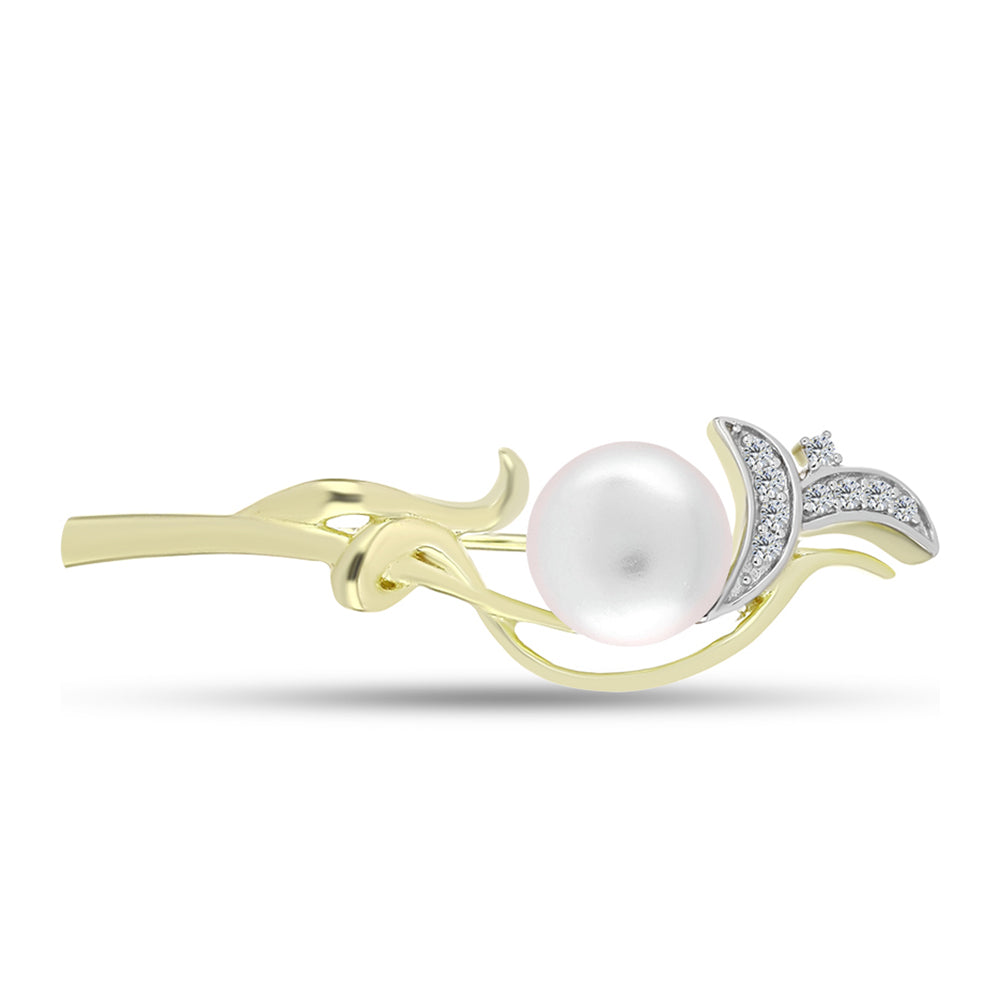 Broşă din Argint 925 Placat cu Aur ( 2.78 grame ) cu Perlă de Apă Dulce Albă și Topaz Alb 3.04 Carate 1 