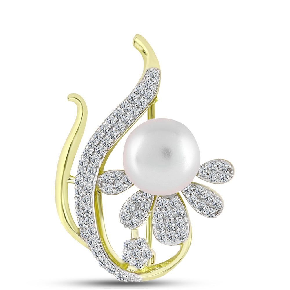 Broşă din Argint 925 Placat cu Aur ( 3.75 grame ) cu Perlă de Apă Dulce Albă și Topaz Alb 5.07 Carate 1 