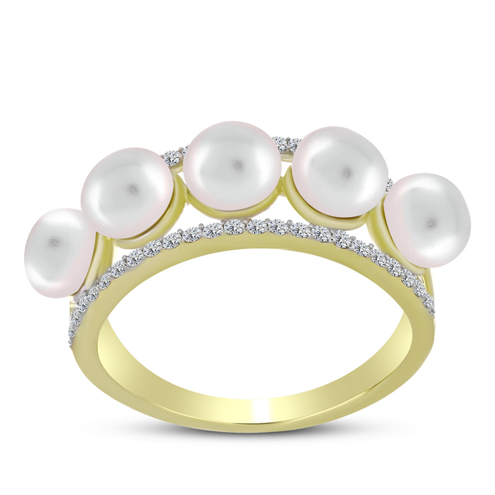 Inel din Argint 925 Placat cu Aur ( 3.61 grame ) cu Perlă de Apă Dulce Albă și Topaz Alb 6.36 Carate 3 