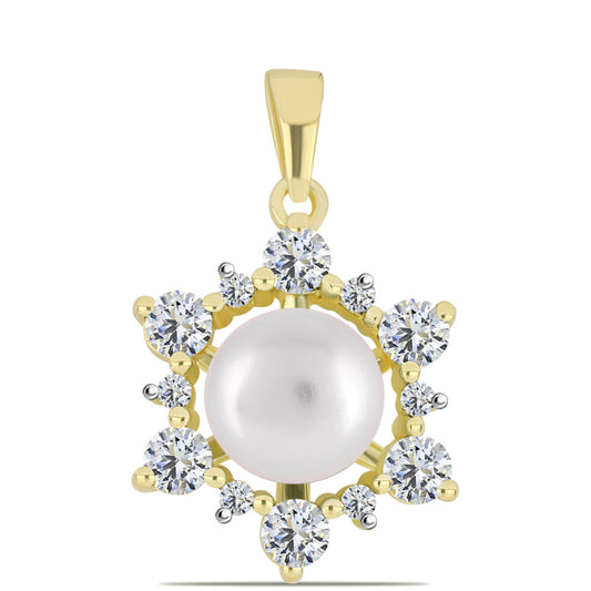 Pandantiv din Argint 925 Placat cu Aur ( 1.46 grame ) cu Perlă de Apă Dulce Albă și Topaz Alb 3.88 Carate