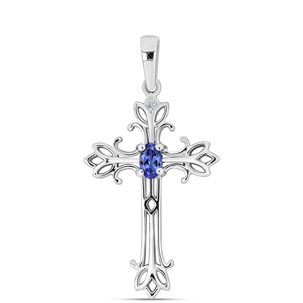 Cruce Pandantiv din Argint 925 ( 2.04 grame ) cu Tanzanit AAA și Diamant Alb 0.25 Carate