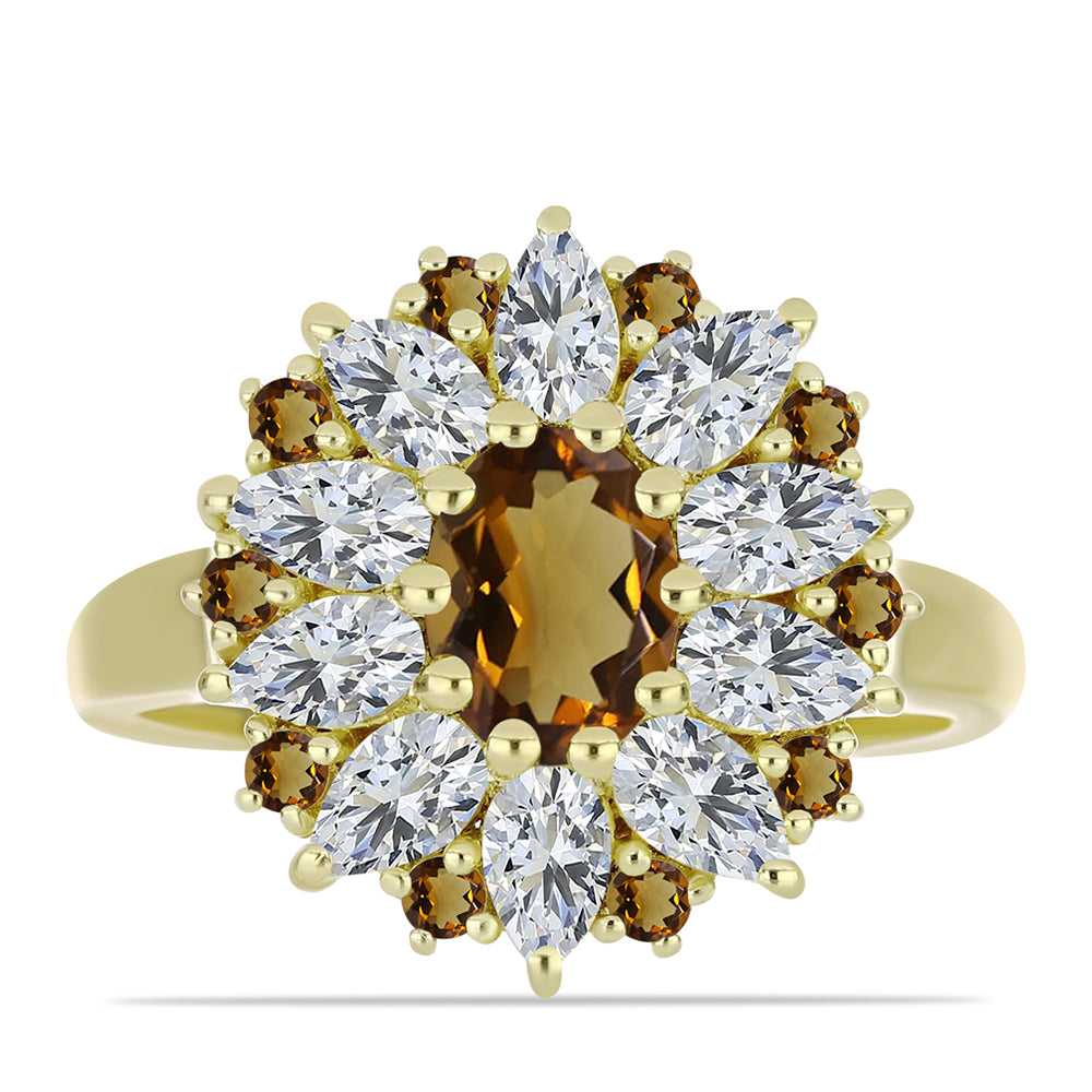 Inel din Argint 925 Placat cu Aur ( 4.06 grame ) cu Cuarț Coniac și Topaz Alb 3.87 Carate 1 